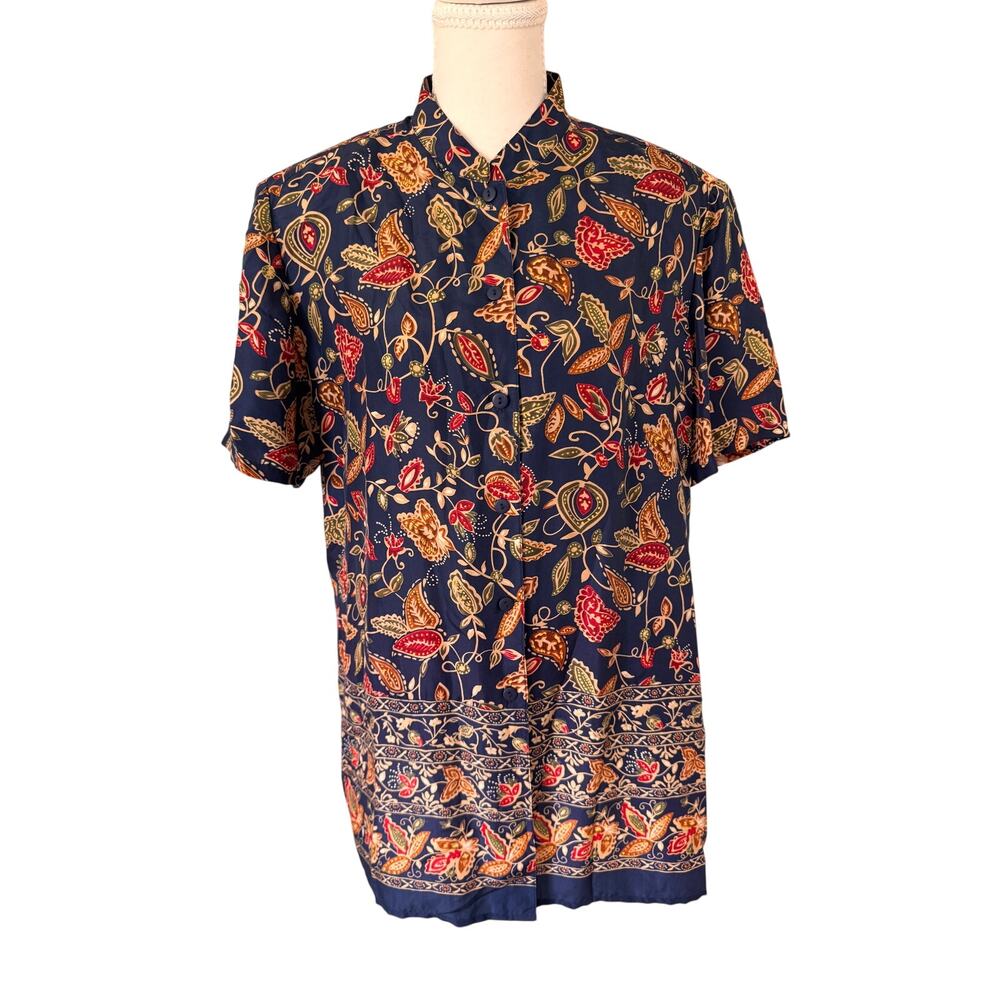 Vintage 90s Anna and Frank 100% Silk Paisley Blouse Navy Floral Print Size L